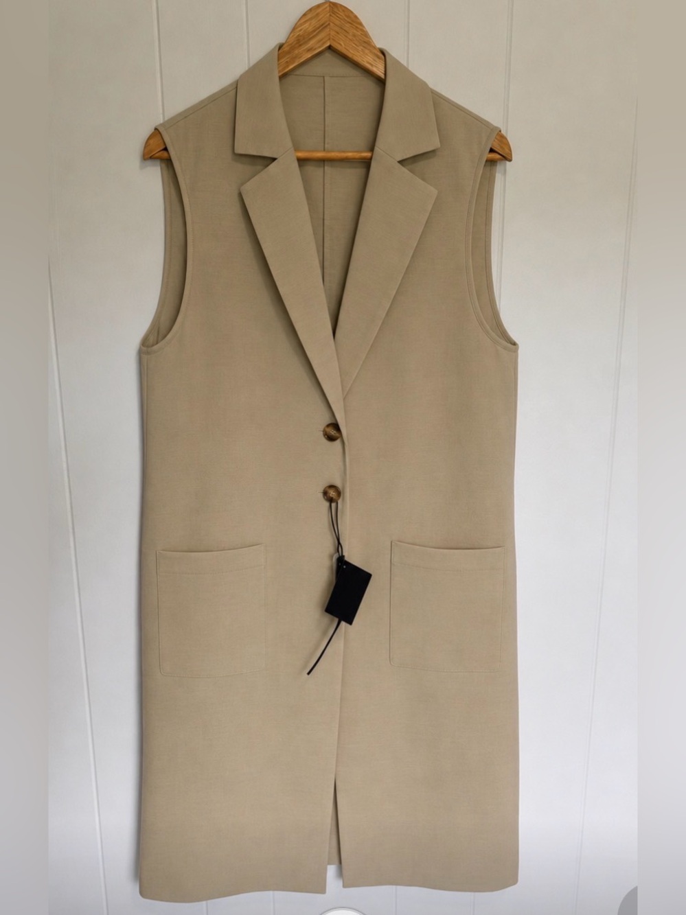 Mina Self Beige Linen Blend Longline Vest Size L-Quiet Luxury Office Capsule